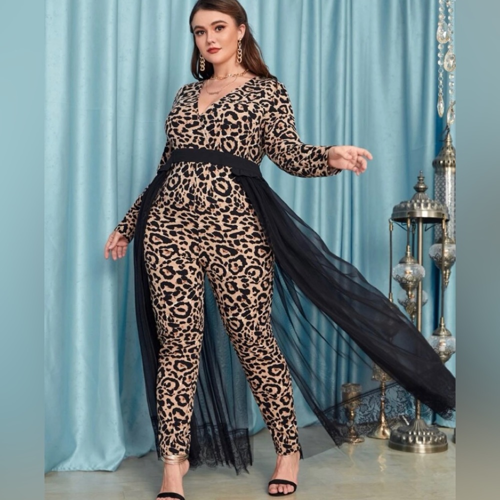 Leopard Jumpsuit with Black Sheer Skirt NWOT
